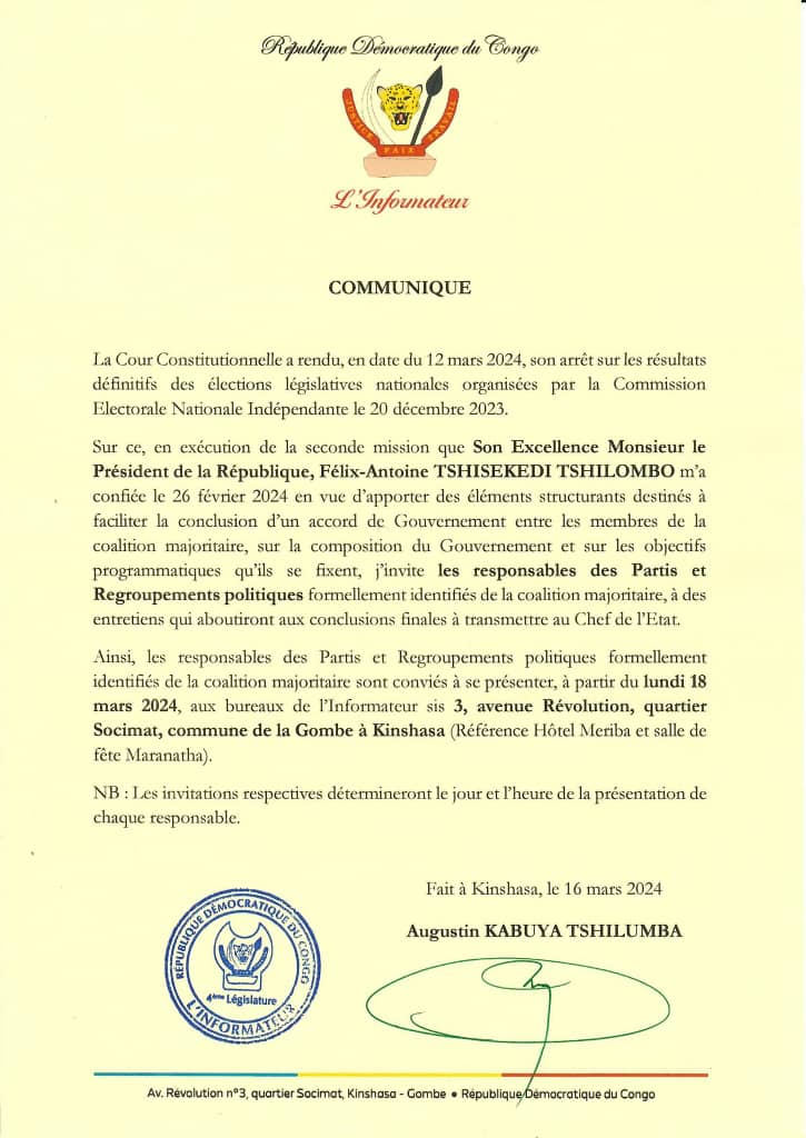 L'informateur Augustin kabuya annonce la reprise des consultations politiques dès ce lundi dans son quartier général à Kinshasa quartier Socimat. 